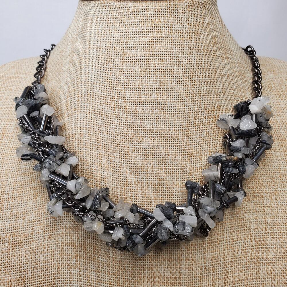 Vintage Necklace Quartz Crystal Cluster Bib w/ Gunmetal Chain 19 Inch
